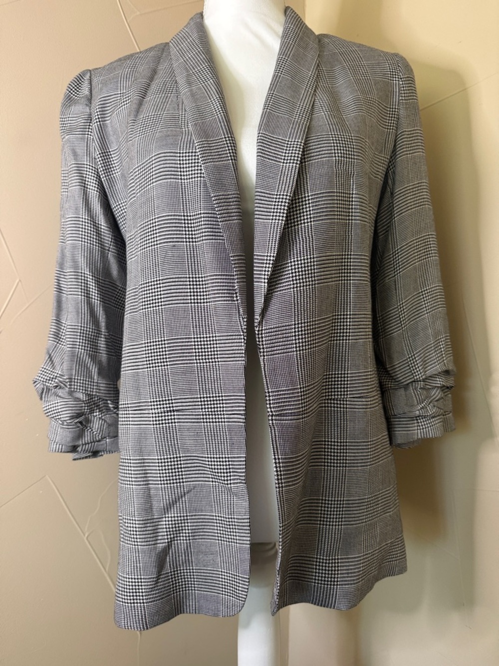 1. State Black & White Glen Plaid Open-Front Blazer